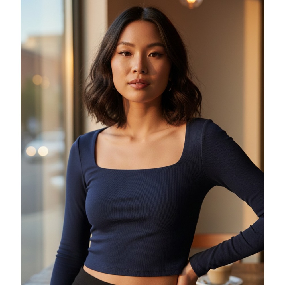 Babaton Contour‎ Women's Large Navy Blue Square Neck Long-sleeve Bodysuit